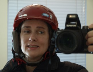 Amy in a red ski helmet