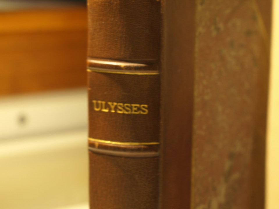 Shows spine of weathered copy of Ulysses