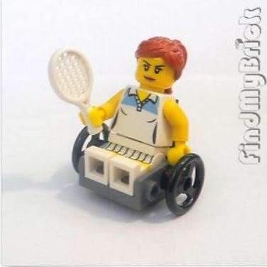{Image of lego minifigure woman in a wheelchair holding a tennis racquet.  On her face is a very determined look, with eyes wide and yebrows constricted.}