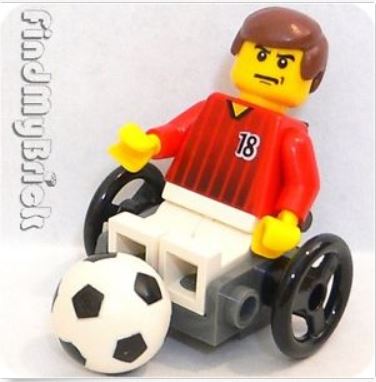 {Image of lego minifigure man in a wheelchair kicking a soccer ball.  On his face is a pissed off look, with his mouth ticked off to the side and his eyebrows constricted.}