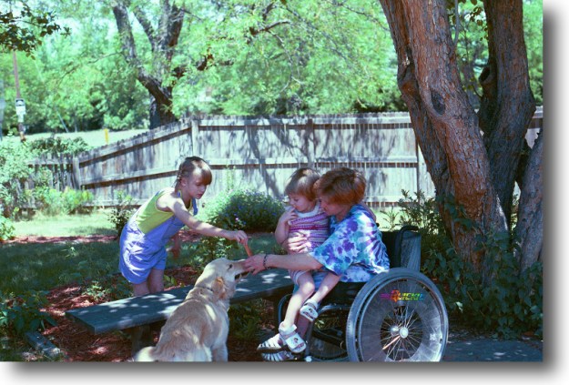 {Image:  A blond woman (sitting in a manual wheelchair) and two blond girls playing with a golden retriever dog under a tree in a fenced yard.  One girl, perhaps two years old, sits in her mother's lap.  The other girl, perhaps 6 years old, holds a toy out to the dog.}