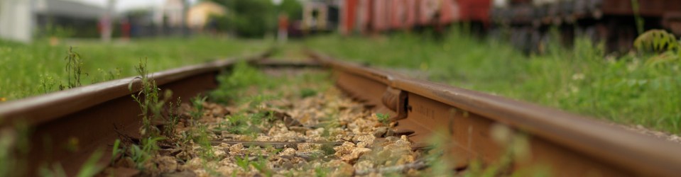 Image: photo at ground level of railroad tracks heading off into the distance. Grass pokes up amongst the aggregate between the rails, Only the rails and a few stones in the medium foreground are in focus. The rest of the rails and trains to either side blur as they get farther away.