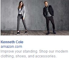 Image:  A man and a woman in a clothing ad with the legend, Kenneth Cole:  Improve your Standing.  Shop our modern clothing, shoes and accessories.