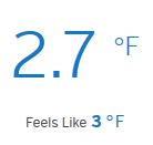 Image:  snip from a weather app, that says 2.7 degrees F; feels like 3 degrees F.