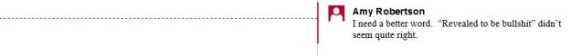 Image:  a Word comment box reads, "I need a better word.  "Revealed to be bullshit" didn't seem quite right."