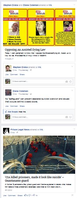 Image:  Facebook feed with links by Stephen Drake and Dian Coleman to an article entitled "Opposing An Assisted Dying Law," and immediately below, a link by Prison Legal News to an article entitled, "CIA killed prisoners, made it look like suicide."  