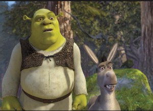 Image: cartoon of Shrek (green ogre in leather vest) and donkey.
