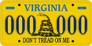 Image: Virginia license plate with coiled snake and the words "Don't Tread on Me."  