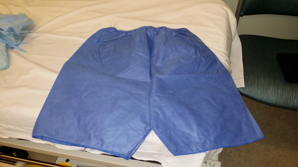 Image: a pair of hospital-blue enormously baggy and shapeless shorts made of some sort of reinforced paper product.