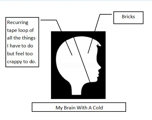 Image description:  White on black silhouette of a woman's head, divided into two sections.  The front section including the nose and forehead is labeled "bricks;" the back section is labeled, "Recurring tape loop of all the things I have to do but feel too crappy to do."