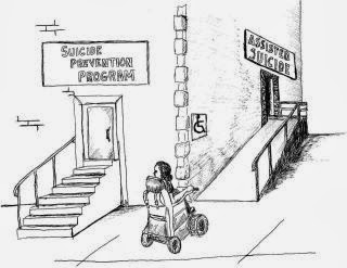 Image: Cartoon showing woman in a wheelchair looking at two entrances to a building: on the left, a door labeled "Suicide Prevention Program" that is up a set of steps; on the right a door labeled "assisted suicide" which is up a ramp with the international symbol of accessibility.