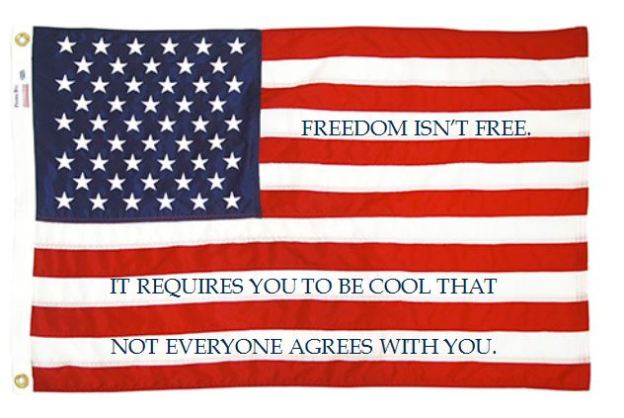 Image:  American flag with these words written in the white stripes:  Freedom isn't free.  It requires you to be cool  that not everyone agrees with you.