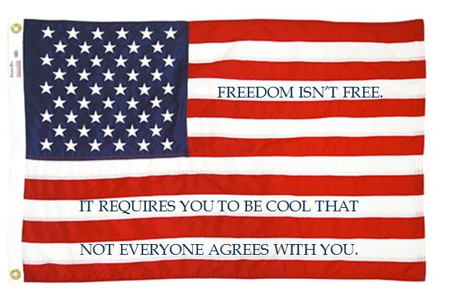 Image: American flag with these words written in the white stripes: Freedom isn't free. It requires you to be cool that not everyone agrees with you.