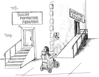 Image: cartoon showing a person in a wheelchair looking at a building with stairs leading to door labeled "Suicide Prevention Program," and a ramp to a door labeled "Assisted Suicide."
