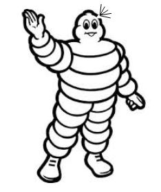 Image: Michelin Tire logo - human figure made of tires -- with a small hole in his head and lines indicating a leak. 