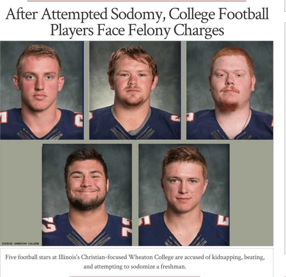 Photo array of head shots of five white men with short hair in football jerseys. Caption reads "Five football stars at Illinois's Christian-focused Wheaton College are accused of kidnapping, beating, and attempting to sodomize a freshman."