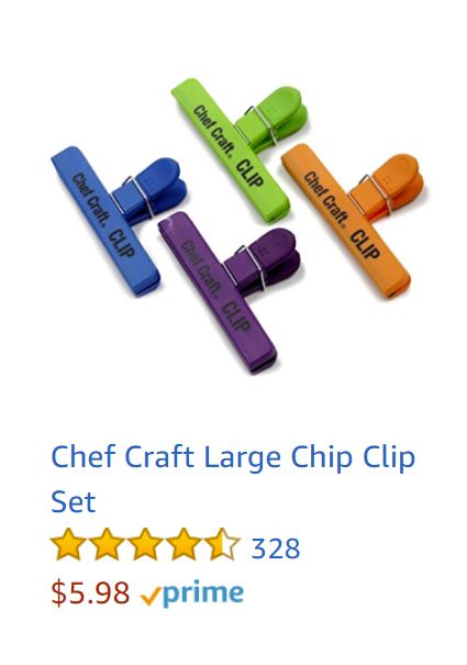 Image: 4 colored clips labeled "Chef Craft Chip Clip Set." $5.98