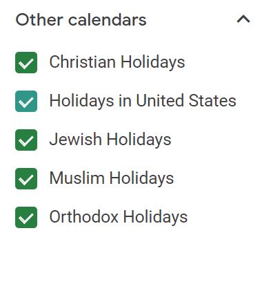 List titled "Other calendard" with checked boxes for Christian Holidays; Holidays in United States; Jewish Holidays; Muslim Holidays; and Orthodox Holidays."