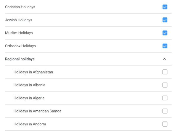 List titled "Other calendard" with checked boxes for Christian Holidays; Holidays in United States; Jewish Holidays; Muslim Holidays; and Orthodox Holidays; Regional Holidays: Holidays in Afghanistan; Holidays in Albania; Holidays in Algeria; Holidays in American Samoa; Holidays in Andorra."