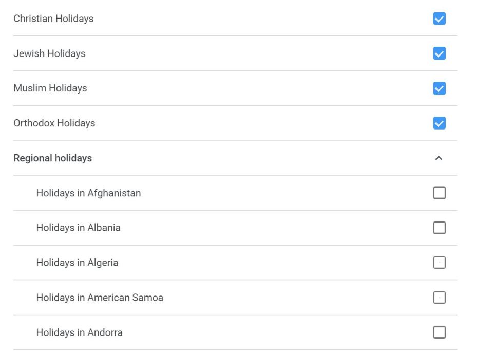 List titled "Other calendard" with checked boxes for Christian Holidays; Holidays in United States; Jewish Holidays; Muslim Holidays; and Orthodox Holidays; Regional Holidays: Holidays in Afghanistan; Holidays in Albania; Holidays in Algeria; Holidays in American Samoa; Holidays in Andorra."