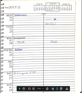 Page from a date book from July 22 to 28, 1985. July 22 has "to Moscow" crossed out, with "arr Kiev" written in later in the day. Wednesday July 24 also has "to Moscow" crossed out, and the word "tour" in the morning and evening. Saturday July 27 has "to Leningrad 11:00"
